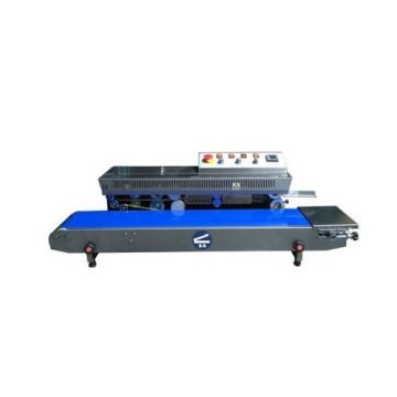 SealerSales Impresse FRM-1010I-20mm Horizontal Dry Ink Coding Continuous Band Sealer (Right Feed) features a blue conveyor belt, sturdy metal frame, adjustable legs, and a top-mounted control panel with clearly labeled buttons and dials.
