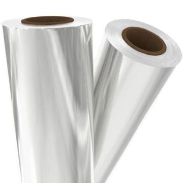 Two rolls of Matte Silver Medium Laminating / Toner Fusing Foil with a reflective finish, displayed upright against a plain background.