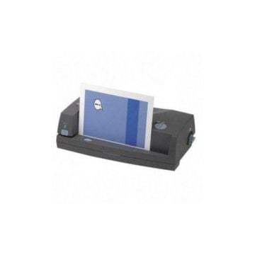 A GBC 3230ST Electric 2-3 Hole Punch and Stapler, showing a compact, dark-colored device with a document inserted, highlighting its functionality for office use.