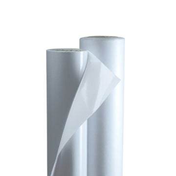 Two rolls of GBC Arctic Dura Mount (3" Core) adhesive film shown standing vertically with one sheet partially peeled off.