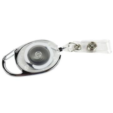 A transparent GBC Badgemates Clear Carabiner Badge Reel with a sturdy metal carabiner clip and a retractable cord, featuring a plastic snap-on strap for securely holding badges.