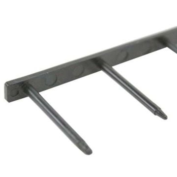 Close-up image of GBC Premium Black 11 Pin Velobind Strips, showing the sturdy plastic pins used for binding documents.