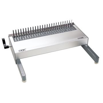 GBC® CC500 CombBind® Finisher featuring a manual crank handle and metal comb opener designed for efficiently binding large volumes of documents.