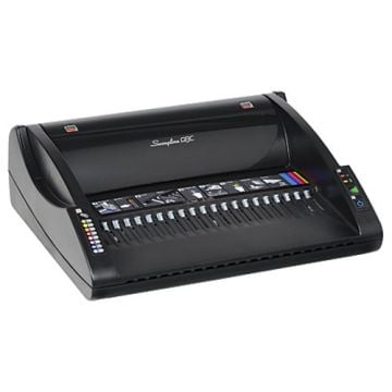 A GBC / Swingline CombBind C110e Plastic Comb Binding Machine, showcasing its sleek black design and multiple comb selection settings for office document binding.