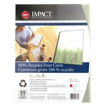 GBC ECO Friendly Frost Recycled Poly Covers packaging, featuring 100% recycled frost covers in an 8.5"x11" size, with a 25-pack and eco-friendly branding.