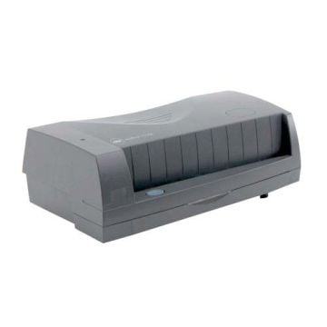 A gray GBC Electric VeloBind Punch V110e Binding Machine with a sleek, rectangular design and a front control button.