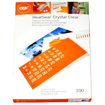 Packaging of GBC HeatSeal Crystal Clear Legal Size Pouches featuring 100 laminating pouches with a sleek orange calendar design.