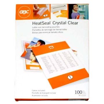 Box of GBC HeatSeal Crystal Clear Letter Size Pouches for laminating, featuring a 100-count pack with clear and durable protection.