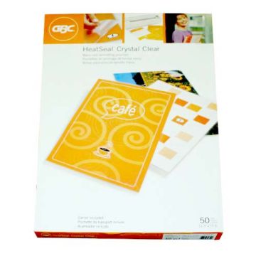 Packaging of GBC HeatSeal Crystal Clear Menu Size Pouches, featuring 50 transparent laminating sheets for professional document protection.