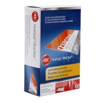 A box of GBC HeatSeal Ultra Clear Business Card Size Pouches, featuring a professional and durable design for laminating business cards.