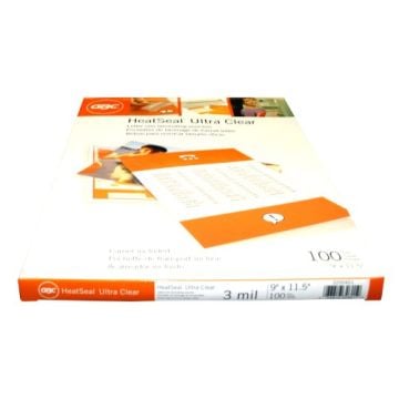 Pack of GBC HeatSeal Ultra Clear Letter Size Pouches, 3 mil thickness, 9x11.5 inches, 100-count for professional lamination.