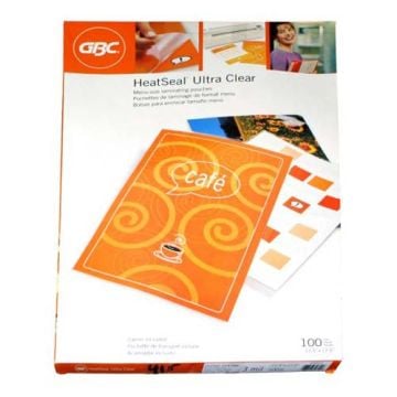 Packaging of GBC HeatSeal Ultra Clear Menu Size Laminating Pouches, featuring 100 sheets for professional-quality laminating.