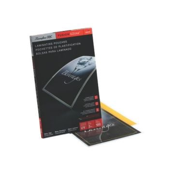 Pack of GBC Swingline EZUse Menu Size Thermal Laminating Pouches with a sleek design and UV protection, ideal for preserving documents.