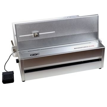 A GBC MagnaPunch Elite Electric Punch Machine, a silver machine, is angled on a white background with its foot pedal visible.