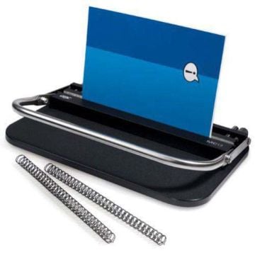 GBC MC12 12 Manual Twin Loop Wire Closer device with a blue document inserted, showing its wire-binding mechanism, with two metal binding coils placed in front of the machine.