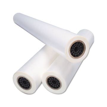 Three rolls of GBC Octiva Brilliant Color Matte 3mil Thermal Laminating Film stacked together with black cores visible.