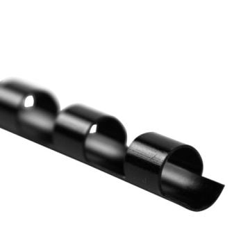 Close-up view of GBC Premium Black Plastic Combs, showcasing the durable, sleek black binding rings for organizing documents.