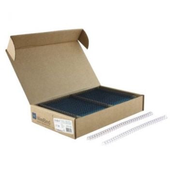 A box of GBC Premium Navy 3:1 Twin Loop Wire bindings, neatly organized with a few wire loops displayed in front of the open packaging.