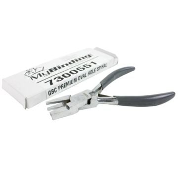 A pair of GBC Premium Oval Hole Spiral Coil Crimpers next to its packaging box.