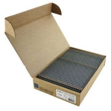 An open box displaying a stack of GBC Premium Silver 3:1 Twin Loop Wire binding spines.