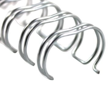 Close-up view of a GBC Premium Silver 2:1 Twin Loop Wire binding, showcasing its durable metal loops and sleek design.