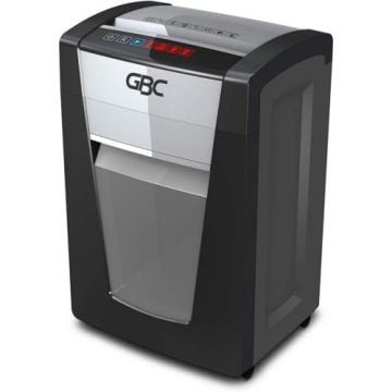 Angled view of the GBC ShredMaster SX20-08 20-Sheet Level P-4 Cross-Cut Shredder, highlighting its compact and efficient design suitable for office use.