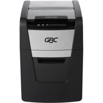Front view of the GBC Stack and Shred 100M AutoFeed Level P-5 Micro-Cut Shredder, featuring a sleek black and silver design with an automatic feed tray.