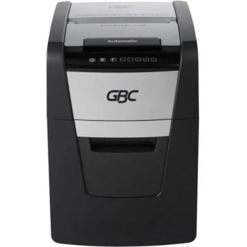 Front view of the GBC Stack and Shred 100X AutoFeed Level P-4 Cross-Cut Shredder, showcasing its sleek design and automatic feed capability.