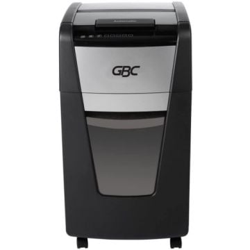Front view of the GBC Stack and Shred 230X AutoFeed Level P-4 Cross-Cut Shredder with a sleek black and silver design.