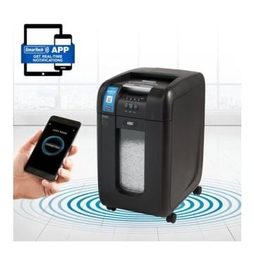 Person using the SmarTech app on a smartphone to connect with the GBC Stack-and-Shred 300X SmarTech Level P-4 Auto Feed Cross-Cut Shredder, which allows for remote monitoring and real-time notifications.