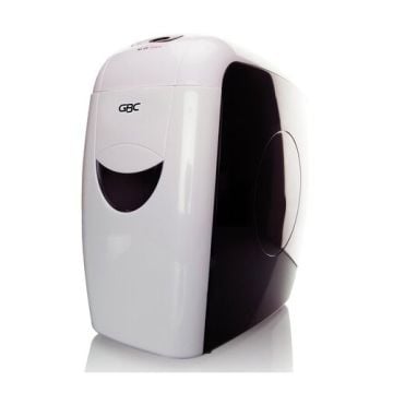 GBC Style+ 7-Sheet Level P-4 Cross-Cut Shredder with a sleek black and white design, featuring a curved front and compact form.