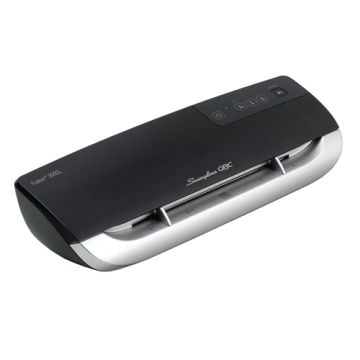 The GBC Swingline Fusion 3000L 9" Pouch Laminator, featuring a sleek black and silver design with user-friendly controls on top.