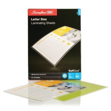 A box of GBC Swingline SelfSeal Letter Size Cold Laminating Sheets is shown alongside two transparent sheets, one displaying a document being laminated.