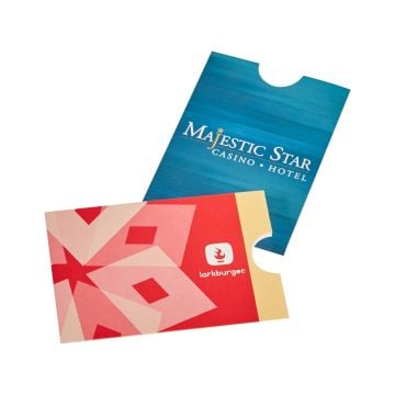Two Custom Gift Card & Key Card Holders are displayed, one with a blue gradient design for "Majestic Star Casino & Hotel" and another with a red geometric pattern for "Larkburger," both featuring a notch cutout for easy card access.
