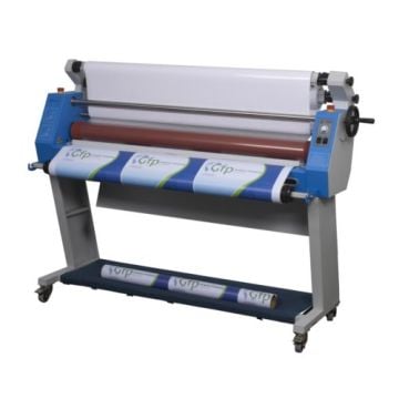 A GFP 255C 55" Wide Format Cold Roll Laminator being used to laminate large printed sheets.