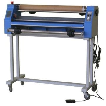 A GFP 230C 30" Cold Laminator, a large blue machine with rollers, standing on wheels and equipped with a foot pedal.
