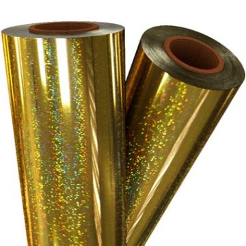 Two rolls of 24" x 500' Glitter Laminating Foil with a shiny gold finish and sparkling holographic effect.