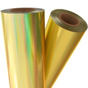 Two rolls of 12" x 100' Holographic Laminating Foil with a reflective gold and rainbow sheen.