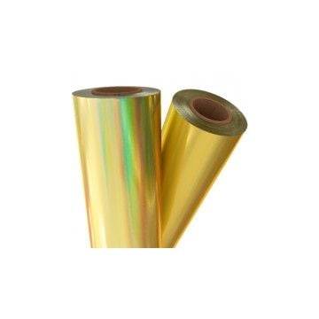 Two rolls of 8" x 100' Holographic Laminating Foil with a shiny gold finish and rainbow reflections.