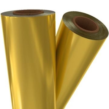 Two rolls of 24" x 500' Matte Metallic Laminating Foil with a reflective gold surface and cardboard cores.