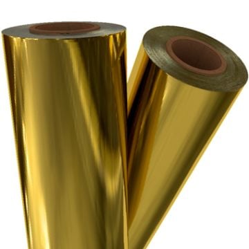 Two rolls of Gold Metallic Laminating / Toner Fusing Foil with a shiny, reflective finish, ideal for professional printing and decorative applications.