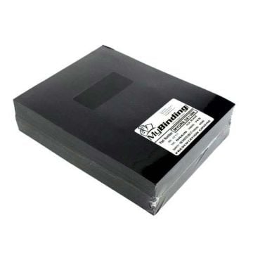 A stack of black 8.75" x 11.25" Grain Covers With Windows - 100 Sets, sealed in plastic packaging with a label on top.