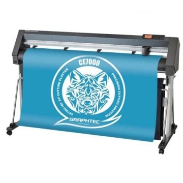 The Graphtec CE7000-130 Plus 50" Vinyl Cutter and Plotter with Stand showcasing a printed blue vinyl with a wolf graphic design.
