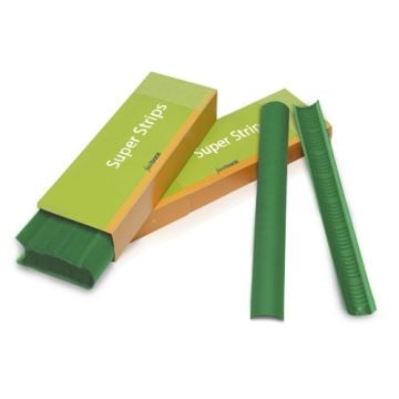 A set of green Green 11" Fastback Super Strips lies beside an opened yellow and green package, showcasing their smooth texture and curved design.
