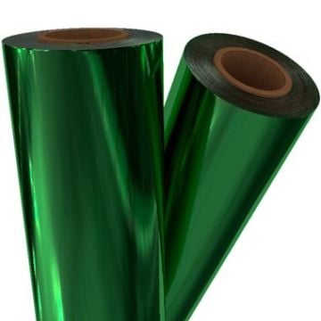 Two rolls of Green Metallic Toner Fusing/Sleeking Foil - 3" Core with a reflective, glossy finish, perfect for adding a vibrant metallic effect.