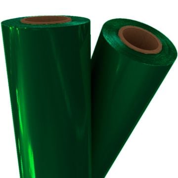 Two rolls of vibrant Green Pigment Laminating / Toner Fusing Foil with a glossy finish, showcasing their reflective surface.