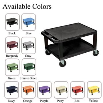 A variety of color options for the H. Wilson 16" High Tuffy Utility A/V Cart (2-Shelf Black Legs) are displayed, showcasing its sturdy design with two shelves, caster wheels, and a black frame.
