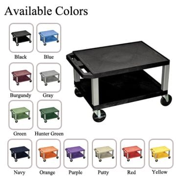 H. Wilson 16" High Tuffy Utility A/V Cart (2-Shelf Nickel Legs) is shown in multiple available colors, featuring a durable two-shelf design with nickel legs and rolling wheels for mobility.