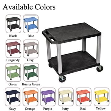 H. Wilson 24.5" High Tuffy Utility A/V Cart (2-Shelf Nickel Legs) in various color options, featuring durable wheels, two sturdy shelves, and a compact design ideal for versatile utility.