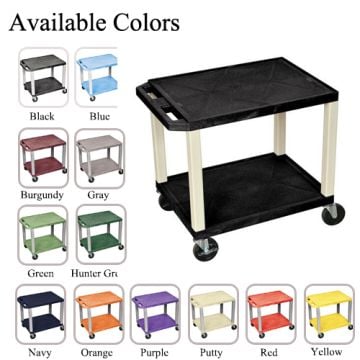 A display of the "H. Wilson 24.5" High Tuffy Utility A/V Cart (2-Shelf Putty Legs)" in various available colors, showcasing its two-shelf design, durable wheels, and putty-colored legs.